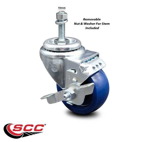 3 Inch Solid Polyurethane Wheel Swivel 10mm Threaded Stem Caster with Brake